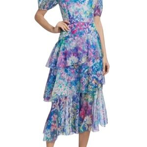 $515 Marchesa Notte Women's Blue Floral Chiffon Tiere MIDI  A-Line Dress Size 4